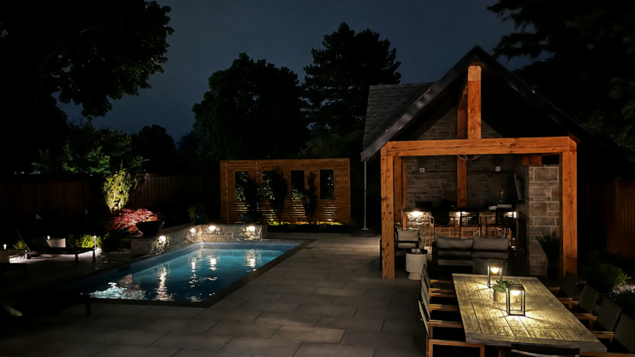 Backyard pool with natural stone coping
